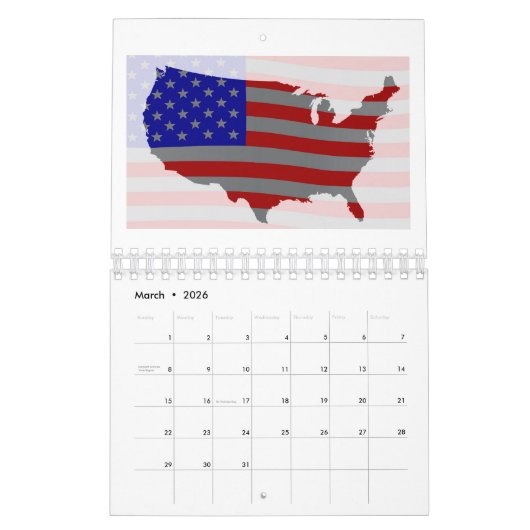 USA Map Silhouette und Flag Kalender (Mär 2026)