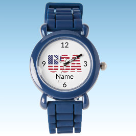 USA, Name Kids Blue Silicone Strap Plastic Armbanduhr