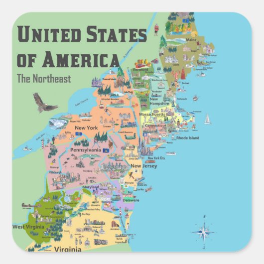 USA Northeast Staaten Map Quadratischer Aufkleber (Vorderseite)