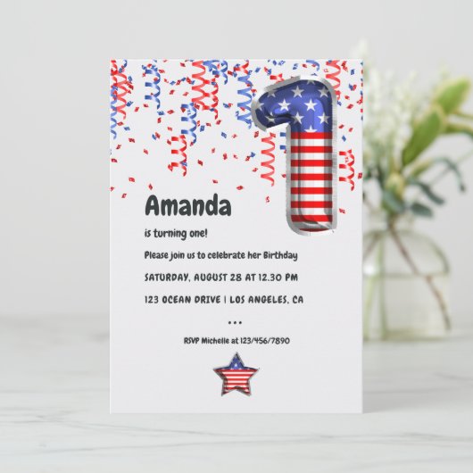 USA Patriotic Balloon 1. Geburtstag Einladung (Stehend Vorderseite)