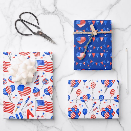 USA Patriotic Flag Wrapping Paper Set 3 Geschenkpapier Set (Vorderseite)