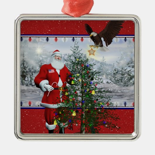 USA Patriotic Santa Silver Gerahmt Square Ornament Aus Metall (Vorne)