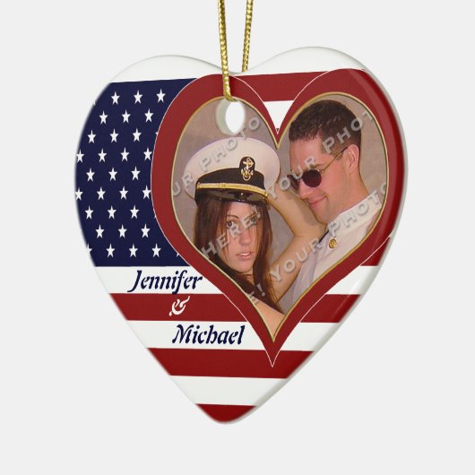 USA Patriotische Flagge Herz Ihr Foto Ornamenent Keramik Ornament (Links)