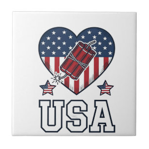 USA Patriotisches Feuerwerk Herz Vintage Vektor Sh Fliese