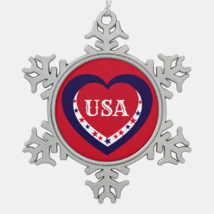 USA Patriotisches Rot Weiß Blau Herz Festlich Schneeflocken Zinn-Ornament