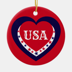 USA Patriotisches Rot Weiß Blau Herz Weihnachten Keramik Ornament