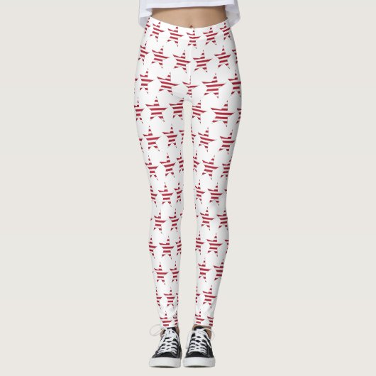 USA Red and White Striping Star Pattern Patriotic Leggings (Vorderseite)