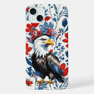 USA Red White and Blue Floral with Bald Eagle iPhone 15 Plus Hülle