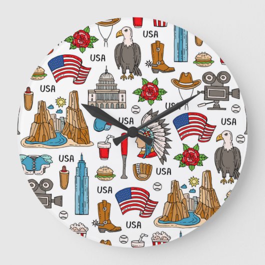 USA Symbole Vintag Nahtloses Muster Große Wanduhr (Vorderseite)