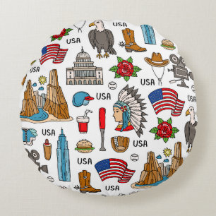 USA-Symbole Vintage-Nahtloses Muster Rundes Kissen