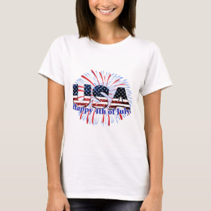 USA-Textflaggen-Glitterfeuerwerke glücklich Juli T-Shirt