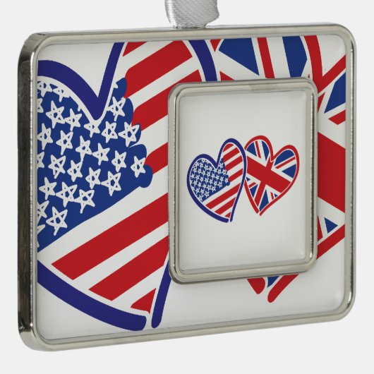 USA und BRITISCHE Flaggen-Herzen Rahmen-Ornament Silber (Rechts)