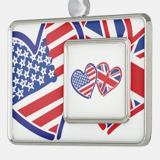 USA und BRITISCHE Flaggen-Herzen Rahmen-Ornament Silber (Links)