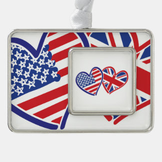 USA und BRITISCHE Flaggen-Herzen Rahmen-Ornament Silber