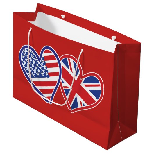 USA und UK Flag Hearts Große Geschenktüte (Vorderseite Schrägansicht)