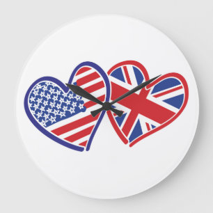 USA und UK Flag Hearts Große Wanduhr