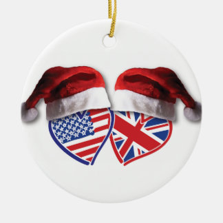 USA und UK Flag Hearts mit Weihnachtsmannmützen Keramik Ornament