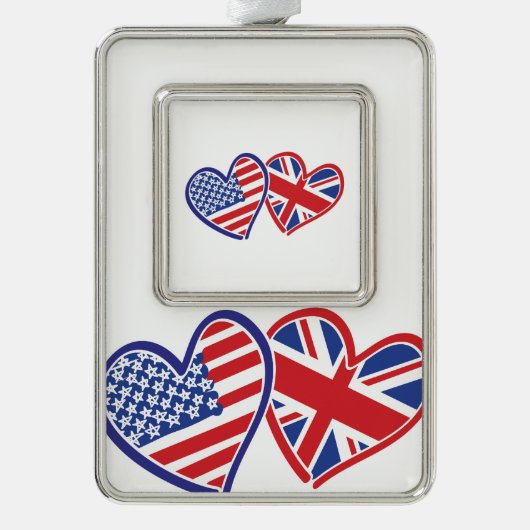 USA und UK Flag Hearts Rahmen-Ornament Silber (Vorderseite)