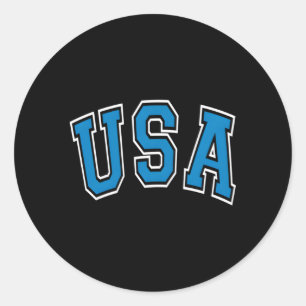 Usa Varsity Style Text Blue mit weißer Kontur Runder Aufkleber