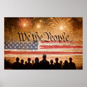 USA-Verfassung mit Flagge und Feuerwerk Poster