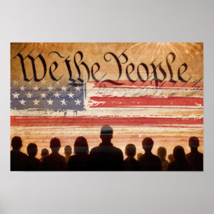 USA-Verfassung mit Flagge und Feuerwerk Poster