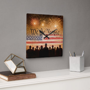 USA-Verfassung mit Flagge und Feuerwerk Quadratische Wanduhr