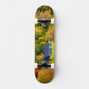 USA, Vermont. Herbstlaub entlang der Highway 100. Skateboard