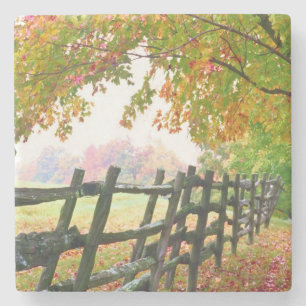 USA, Vermont. Zaun unter Laub. Steinuntersetzer