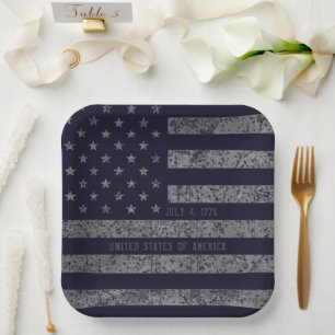 USA Vintag Dark Blue Grunge American Flag Pappteller
