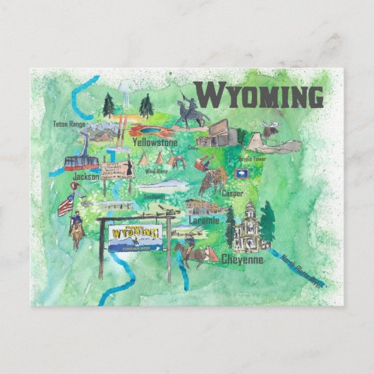 USA Wyoming Illustriert Travel Map Postkarte (Vorderseite)