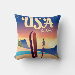 USA "Zum Skifahren" Vintage Reiseposter Kissen