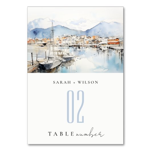 Ushuaia, Argentina Watercolor Landscape Wedding Tischnummer (Vorderseite)