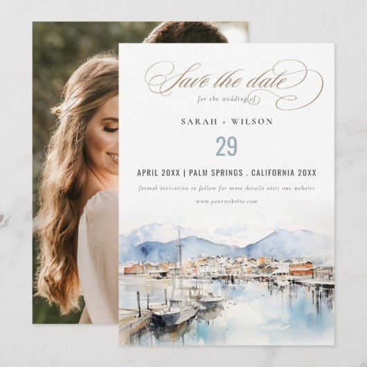 Ushuaia, Argentina Watercolor Scape Wedding Photo Save The Date (Vorne/Hinten)