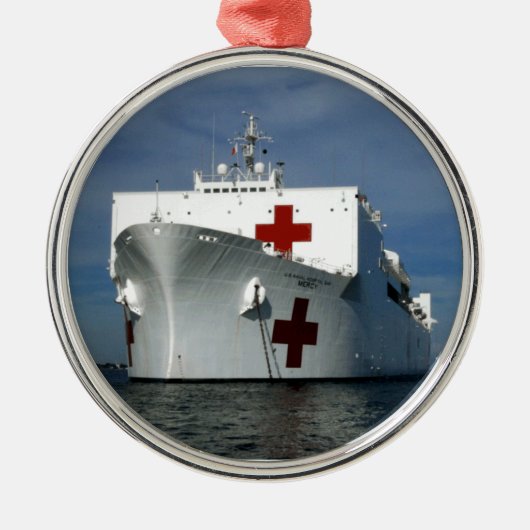 USNS Gnaden-Krankenhaus-Schiff Silbernes Ornament (Vorne)