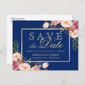 (USPS) Rosa Blütengoldblau Save the Date Ankündigungspostkarte (Vorne/Hinten)