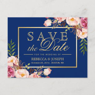 (USPS) Rosa Blütengoldblau Save the Date Ankündigungspostkarte