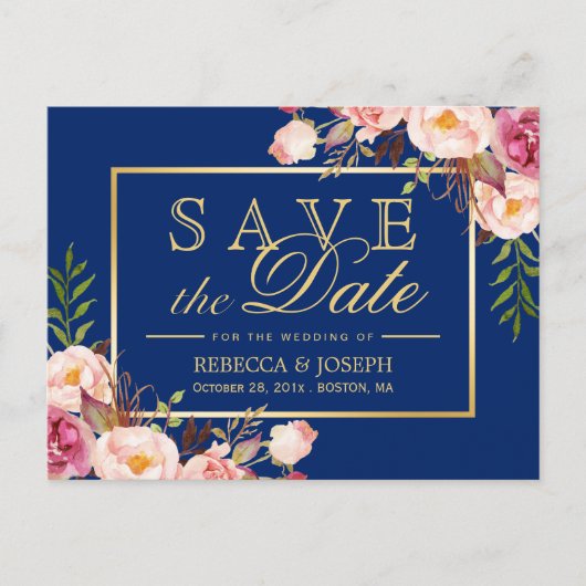 (USPS) Rosa Blütengoldblau Save the Date Ankündigungspostkarte (Vorderseite)