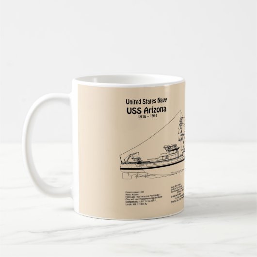 USS Arizona - Schiffs-Blueprint-Pläne SD Kaffeetasse (Links)
