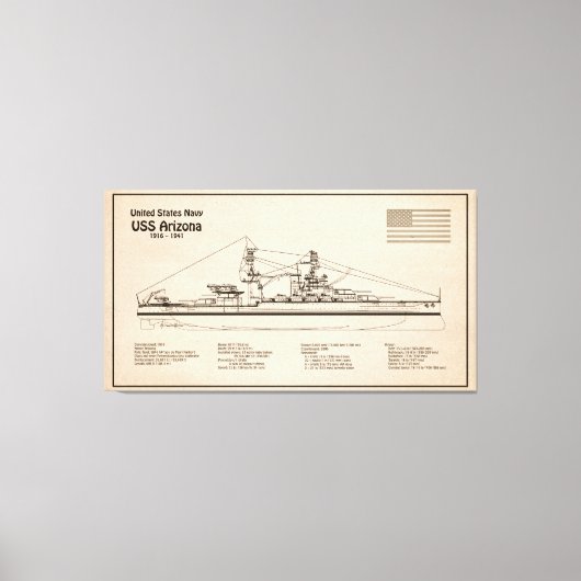 USS Arizona - Schiffs-Blueprint-Pläne SD Leinwanddruck (Vorderseite)