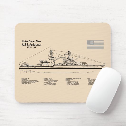 USS Arizona - Schiffs-Blueprint-Pläne SD Mousepad (Mit Mouse)