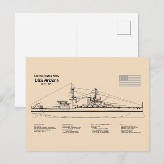USS Arizona - Schiffs-Blueprint-Pläne SD Postkarte (Vorne/Hinten)