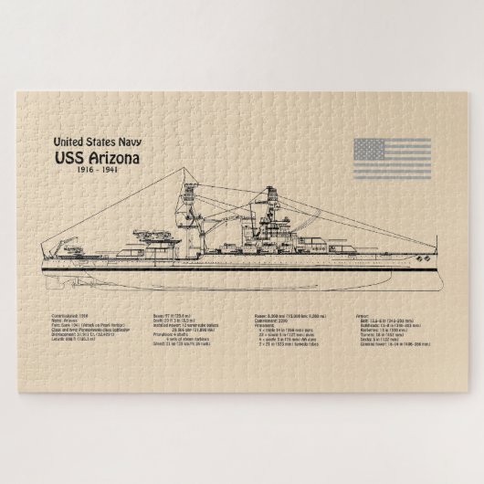 USS Arizona - Schiffs-Blueprint-Pläne SD Puzzle (Horizontal)