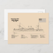 USS Maine - Schiffsplänen SD Postkarte (Vorne/Hinten)