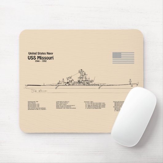 USS Missouri - Schiffs-Blueprint-Pläne SD Mousepad (Mit Mouse)