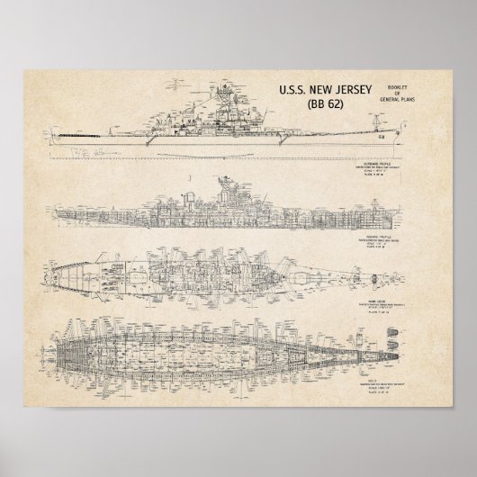 USS NEW JERSEY Blueprint Poster (Vorne)