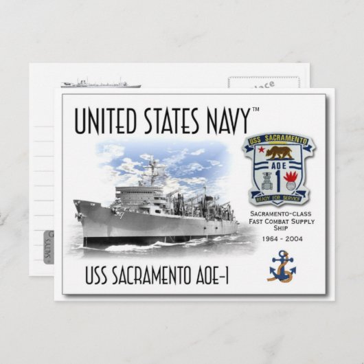USS SACRAMENTO AOE-1 FAST COMBAT SUPPORT - Postcar Postkarte (Vorne/Hinten)