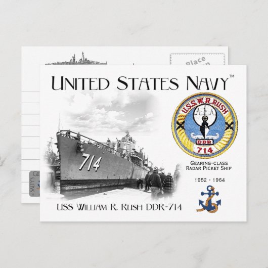 USS WILLIAM R. RUSH DDR-714 RADAR PICKET POSTCARD POSTKARTE (Vorne/Hinten)