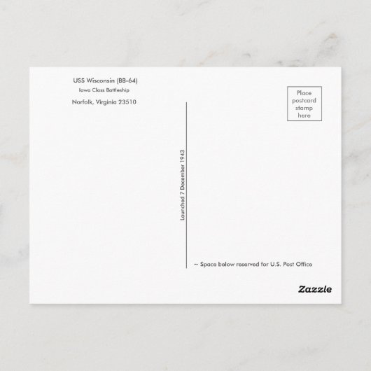 USS Wisconsin (BB-64) Postkarte (Rückseite)