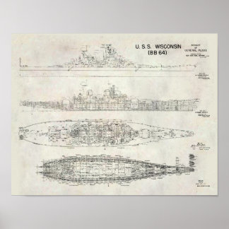 USS Wisconsin Blueprint Poster