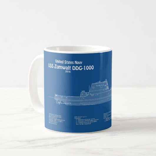 USS Zumwalt - Schiffs-Blueprint Pläne ABD Kaffeetasse (Vorderseite Links)